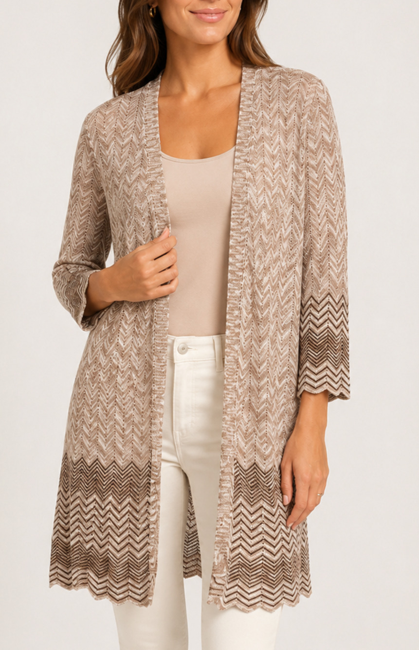 Chico's Womens Large Brown Cream Chevron Open Front Duster Cardigan
